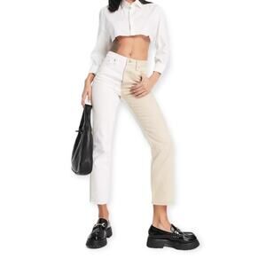 NWT TopShop Editor Colorblock Jeans in Sand White Button Fly Size 4 US